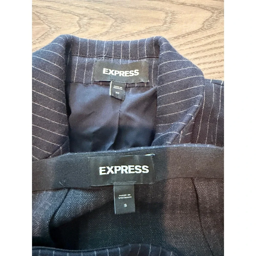 Express Womens Navy Pinstripe Skirt Suit Set Blazer XS Skirt Small Ruffle Trim